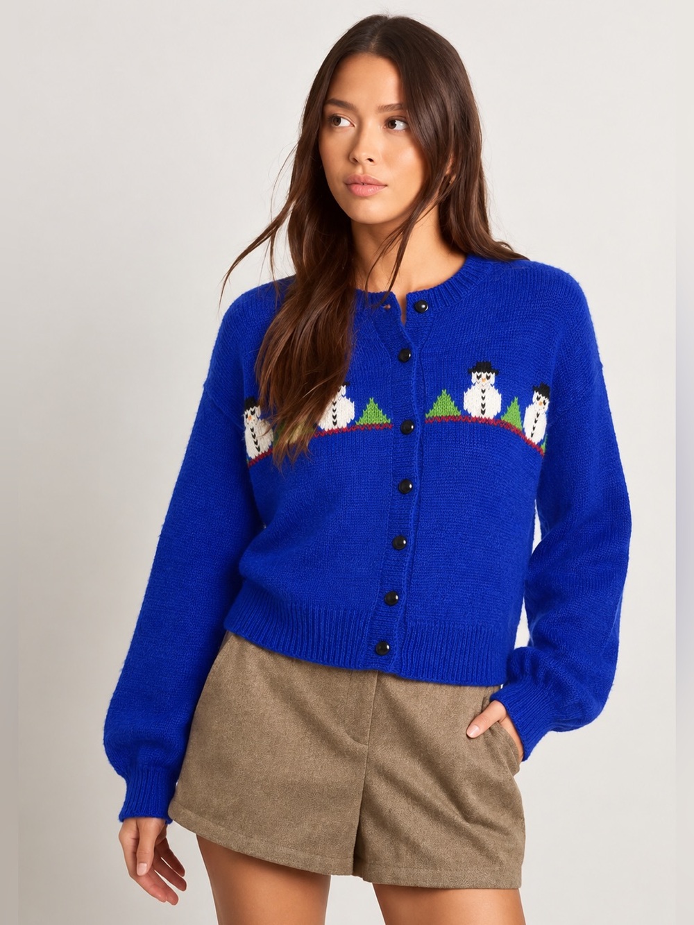 Vintage Hand Knit 100% Pure Virgin Wool Snowman Cardigan Sweater Christmas *B